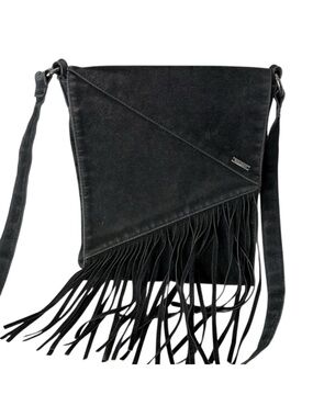 PRANA Black Suede Crossbody Bag Fringe Tassels Boho Western *FLAW